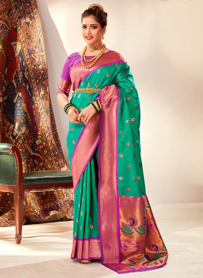 Paithani Silk Teal Festival Wear Weaving Saree